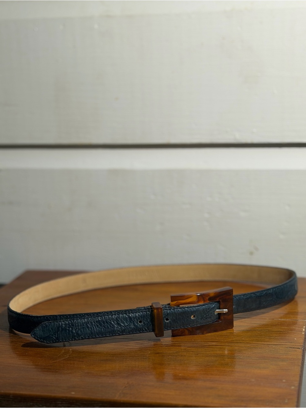 Vintage dark blue Crocodile leather Tortoiseshell Buckle Belt S-M